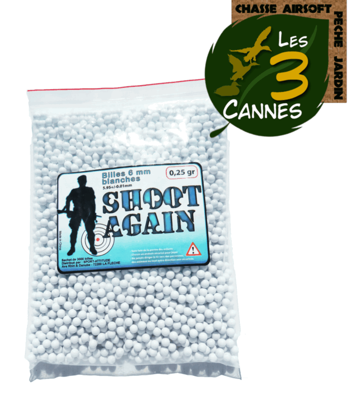 3000 BILLES AIRSOFT 6mm BLANCHES 0.25g de MARQUE SHOOT AGAIN - Les