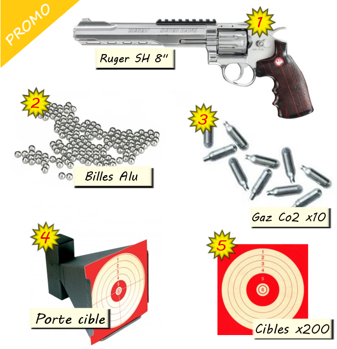 Pack tireur d'élite - Ruger Super H, porte cible, 200 cibles - Les 3 cannes