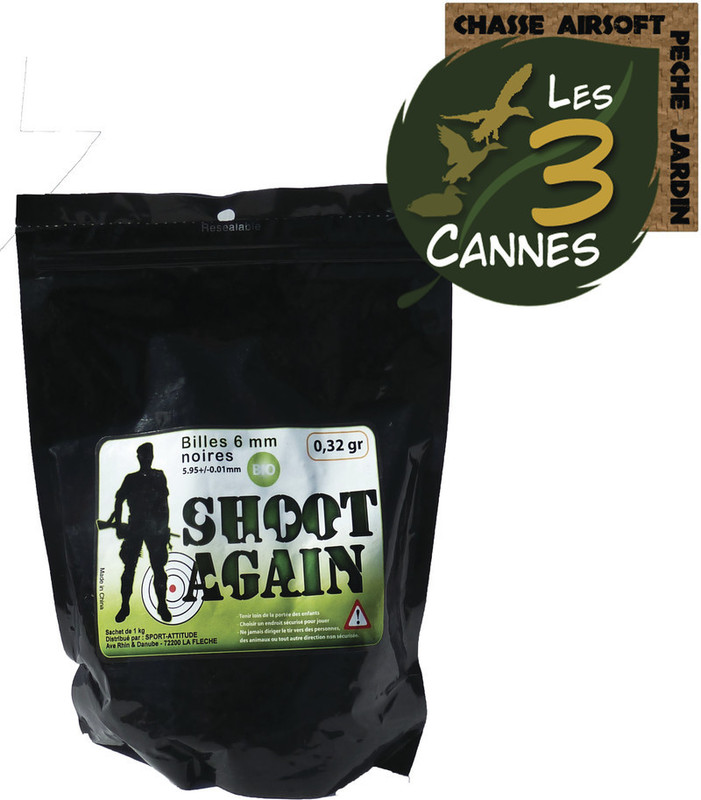 2500 BILLES AIRSOFT 6mm NOIRES 0.32g de MARQUE SHOOT AGAIN - Les 3 cannes