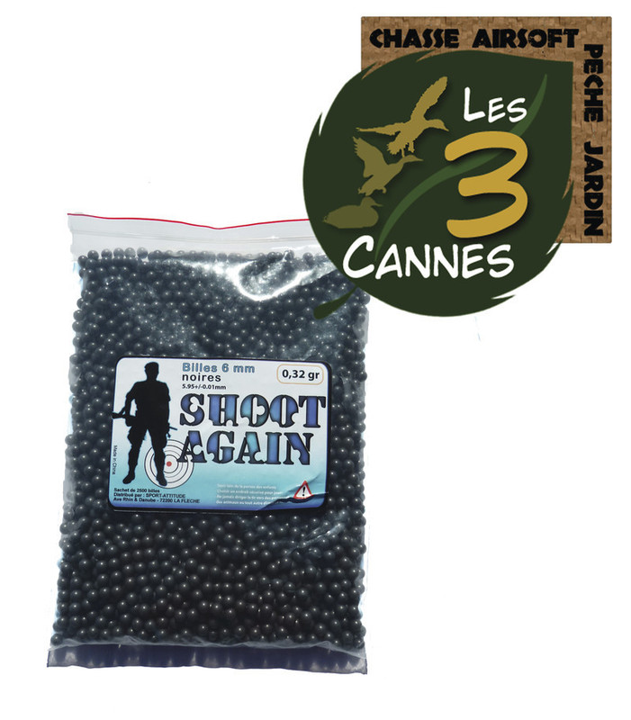 2500 BILLES AIRSOFT 6mm NOIRES 0.32g de MARQUE SHOOT AGAIN - Les 3